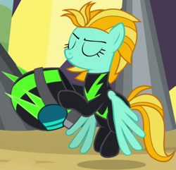 Size: 943x910 | Tagged: safe, imported from derpibooru, screencap, lightning dust, pegasus, pony, season 8, the washouts (episode), spoiler:s08, clothes, cropped, eyes closed, female, helmet, mare, solo, uniform, washouts uniform