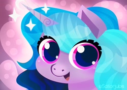 Size: 4096x2896 | Tagged: safe, artist:sailorjubs, imported from derpibooru, izzy moonbow, pony, unicorn, abstract background, cute, face, female, g5, mare, signature, solo