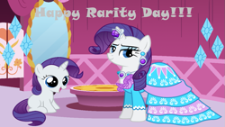 Size: 1079x610 | Tagged: safe, artist:crimsonlynx97, artist:estories, artist:greywander87, artist:lachlancarr1996, artist:mpnoir, imported from derpibooru, rarity, pony, unicorn, caption, carousel boutique, clothes, cutie mark, dress, duality, female, filly, filly rarity, self ponidox, text, time paradox, younger