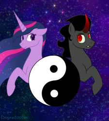 Size: 900x1000 | Tagged: safe, artist:enigmadoodles, imported from derpibooru, king sombra, twilight sparkle, alicorn, pony, fanfic art, twilight sparkle (alicorn), yin-yang