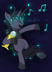 Size: 1524x2110 | Tagged: safe, artist:reconprobe, imported from derpibooru, oc, oc only, oc:orchid, kaiju, kaiju pony, bioluminescent, cute, dark, eyes closed, happy, hug, macro, music notes, ocbetes, singing, submarine, the little mermaid, underwater