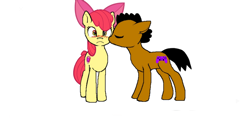 Size: 1520x720 | Tagged: safe, imported from derpibooru, apple bloom, oc, oc:ladainian otis, earth pony, pony, blushing, canon x oc, cheek kiss, cutie mark, female, kiss on the cheek, kissing, ladainianbloom, male, shipping, straight, surprise kiss