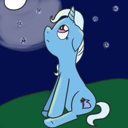 Size: 1000x1000 | Tagged: safe, artist:wrath-marionphauna, imported from derpibooru, trixie, pony, unicorn, floppy ears, looking up, moon, night, sitting, solo, stars