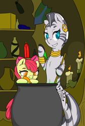 Size: 2362x3496 | Tagged: safe, artist:lula-moonarts, imported from derpibooru, apple bloom, zecora, earth pony, pony, zebra, candle, cauldron, female, filly, high res, mare