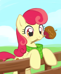 Size: 1212x1470 | Tagged: safe, artist:marbo, apple bumpkin, earth pony, pony, /mlp/, apple, apple family member, background pony, caramel apple (food), female, food, mare, neckerchief, smiling, solo, staring at you