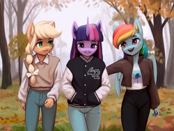 Size: 1199x903 | Tagged: safe, artist:mrscroup, imported from derpibooru, twilight sparkle, anthro, earth pony, pegasus, unicorn, autumn, clothes, jacket, open mouth, tree, unicorn twilight, wallpaper