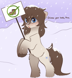 Size: 3115x3387 | Tagged: safe, artist:vetta, edit, editor:edits of hate, imported from ponybooru, oc, oc only, oc:frosty flakes, pony, bipedal, blushing, boot, chest fluff, dialogue, female, fluffy, looking at you, mare, meta, sign, snowpony (species), solo, taiga pony, unshorn fetlocks, yakutian horse