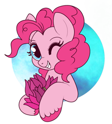 Size: 1017x1124 | Tagged: safe, artist:lulubell, imported from derpibooru, pinkie pie, earth pony, pony, cute, female, flower, grin, looking at you, mare, one eye closed, smiling, solo, tulip, unshorn fetlocks, wink, winking at you