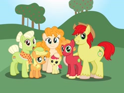 Size: 3120x2355 | Tagged: safe, artist:aleximusprime, imported from derpibooru, apple bloom, applejack, big macintosh, bright mac, granny smith, pear butter, earth pony, pony, fanfic:apple family memories, flurry heart's story, apple, apple family, apple tree, baby, baby apple bloom, blank flank, bright mac's hat, clothes, colored hooves, colt, colt big macintosh, diaper, family photo, father and child, father and daughter, father and son, female, filly, filly applejack, food, freckles, granny smith's shawl, high res, hoof on head, like father like daughter, like father like son, like mother like daughter, like mother like son, like parent like child, looking at you, male, mare, mother and child, mother and daughter, mother and son, smiling, stallion, tree, unshorn fetlocks, young, younger