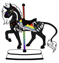 Size: 1071x1137 | Tagged: safe, artist:misskanabelle, imported from derpibooru, oc, oc only, oc:radiant spectrum, pony, unicorn, bag, bit gag, bridle, gag, horn, leonine tail, raised hoof, saddle bag, simple background, solo, tack, transparent background, unicorn oc