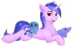 Size: 2497x1653 | Tagged: safe, alternate version, artist:monsoonvisionz, imported from derpibooru, sea swirl, seafoam, dolphin, octopus, pony, unicorn, background pony, commission, cute, female, lying down, mare, on stomach, plushie, prone, simple background, smiling, solo, sternocleidomastoid, transparent background