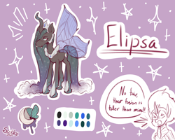 Size: 5048x4048 | Tagged: safe, artist:scribleydoodles, imported from derpibooru, king sombra, nightmare moon, queen chrysalis, oc, oc only, changeling, changeling queen, pony, unicorn, butterfly wings, changeling oc, color palette, commissioner:bigonionbean, crown, cutie mark, ethereal mane, ethereal tail, female, fusion, horn, jewelry, magic, mare, queen umbra, reference sheet, regalia, rule 63, wings, writer:bigonionbean