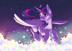 Size: 4634x3309 | Tagged: safe, artist:taytinabelle, imported from derpibooru, twilight sparkle, alicorn, pony, abstract background, beautiful, chest fluff, cute, ear fluff, female, flying, happy, high res, leg fluff, lighting, looking down, mare, night, shiny eyes, sky, smiling, solo, spread wings, stars, twilight sparkle (alicorn), unshorn fetlocks, wings