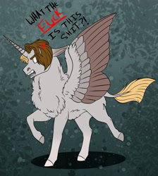 Size: 2297x2563 | Tagged: safe, artist:inisealga, imported from derpibooru, oc, oc only, oc:primitive, oc:sunny (lrusu), alicorn, donkey, pony, abstract background, alicorn oc, angry, chest fluff, colored wings, dialogue, ears back, eye clipping through hair, eyebrows, eyebrows visible through hair, floppy ears, gradient background, high res, horn, male, neck fluff, open mouth, race swap, solo, solo male, spread wings, stallion, text, vulgar, wings