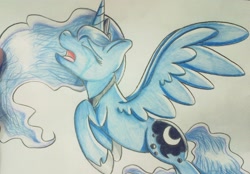 Size: 2048x1423 | Tagged: safe, artist:millefaller, imported from derpibooru, princess luna, alicorn, pony, crying, eyes closed, female, hoof shoes, horn, mare, solo, traditional art, wings