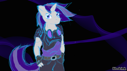 Size: 1137x640 | Tagged: safe, artist:infinitedge2u, imported from derpibooru, oc, oc only, anthro, unicorn, abstract background, clothes, fingerless gloves, gloves, horn, signature, solo, sunglasses, unicorn oc