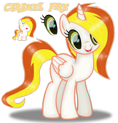 Size: 2232x2328 | Tagged: safe, artist:amicasecretuwu, imported from derpibooru, oc, oc only, oc:caramel fire, alicorn, pony, alicorn oc, baby, baby pony, female, folded wings, high res, horn, mare, open mouth, open smile, shadow, shiny mane, signature, simple background, smiling, solo, standing, transparent background, wings