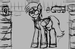 Size: 2078x1380 | Tagged: safe, artist:menalia, imported from derpibooru, derpy hooves, pegasus, pony, angry, clothes, eyepatch, female, jacket, mare, pants, sketch, solo, table, wings, wip