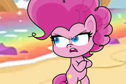 Size: 1499x999 | Tagged: safe, imported from derpibooru, screencap, pinkie pie, earth pony, pony, my little pony: pony life, pie vs. pie, angry, beach, bipedal, female, g4.5, open mouth, pinkie pie is not amused, pony life, potion ocean, solo, unamused