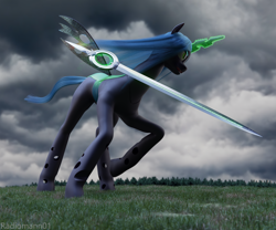 Size: 2600x2160 | Tagged: safe, artist:radiomann01, imported from derpibooru, queen chrysalis, changeling, changeling queen, 3d, angry, blender, fangs, female, forest, grass, high res, horn, magic, magic aura, missing accessory, open mouth, render, running, solo, sword, telekinesis, weapon, windswept mane, wings