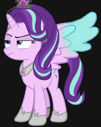 Size: 540x679 | Tagged: safe, artist:taeko, derpibooru exclusive, imported from derpibooru, starlight glimmer, alicorn, pony, alicornified, annoyed, annoyed look, base used, black background, blue tipped wings, colored wings, colored wingtips, crown, curly mane, curly tail, cutie mark, element of justice, hoof shoes, how it should have ended, jewelry, large wings, multicolored hair, multicolored mane, multicolored tail, necklace, no shading, no source available, pink body, princess starlight glimmer, purple eyes, purple mane, purple tail, race swap, regalia, show accurate, simple background, solo, starlicorn, starlight glimmer is best facemaker, starlight glimmer is not amused, starlight glimmer is overpowered, starlight is not amused, unamused, wings, xk-class end-of-the-world scenario