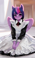 Size: 1300x2138 | Tagged: safe, artist:mrscroup, imported from derpibooru, twilight sparkle, alicorn, anthro, adorable face, clothes, cute, looking at you, maid, maid headdress, maidlight sparkle, sitting on floor, solo, twiabetes, twilight sparkle (alicorn)