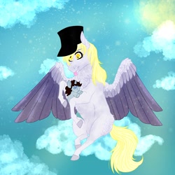 Size: 4000x4000 | Tagged: safe, artist:inisealga, imported from derpibooru, derpy hooves, oc, oc only, oc:coaldust, pegasus, pony, unicorn, chest fluff, cloud, colored wings, commission, hat, horn, neck fluff, plushie, sky, solo, spread wings, sun, unicorn oc, wing fluff, wings