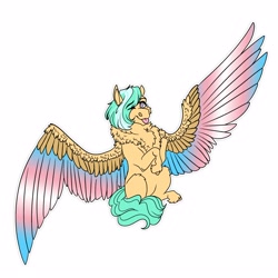 Size: 4000x4000 | Tagged: safe, artist:inisealga, imported from derpibooru, oc, oc only, oc:mango foalix, pegasus, pony, absurd resolution, chest fluff, colored wings, eye clipping through hair, eyebrows, eyebrows visible through hair, female, large wings, looking at you, mare, neck fluff, one eye closed, pegasus oc, simple background, smiling, smiling at you, solo, spread wings, tongue out, transgender, white background, wings, wink, winking at you