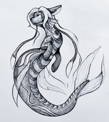 Size: 1141x1280 | Tagged: safe, artist:shanher, artist:龙宠, imported from derpibooru, oc, oc only, oc:circle, hybrid, merpony, seapony (g4), siren, black and white, digital art, female, fins, fish tail, flowing mane, flowing tail, gem, grayscale, looking up, monochrome, simple background, solo, tail, white background