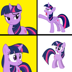 Size: 894x894 | Tagged: safe, imported from derpibooru, twilight sparkle, alicorn, pony, unicorn, alicorn drama, angry, drama, female, hotline bling, mare, meme, op is a duck, op is trying to start shit, op isn't even trying anymore, rage, ragelight sparkle, seasonwunner, simple background, solo, twilight is not amused, twilight sparkle (alicorn), unamused, unicorn twilight, white background, yellow background
