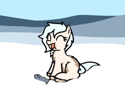 Size: 846x652 | Tagged: safe, artist:neuro, imported from derpibooru, oc, oc only, fish, pony, eating, eyes closed, female, filly, foal, food, meat, ponies eating meat, sitting, snow, snow mare, snowpony (species), taiga pony, yakutian horse