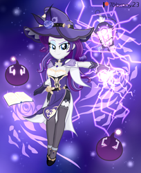 Size: 1738x2133 | Tagged: safe, artist:tabrony23, imported from derpibooru, rarity, equestria girls, bedroom eyes, book, breasts, busty rarity, clothes, cosplay, costume, cute, female, genshin impact, gloves, high res, lamp, lisa (genshin impact), looking at you, magic, patreon, patreon logo, sexy, shoes, slimes (genshin impact), smiling, solo, solo female