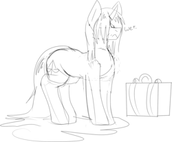 Size: 1200x989 | Tagged: safe, artist:codras, imported from ponybooru, oc, oc only, pony, unicorn, black and white, gift box, grayscale, monochrome, present, simple background, sketch, solo, wet, wet mane, white background