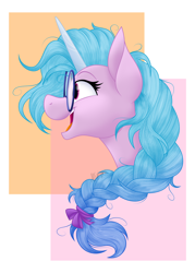 Size: 3102x4330 | Tagged: safe, artist:feather_bloom, imported from derpibooru, izzy moonbow, pony, unicorn, bow, braid, g5, glasses, hair, messy hair, messy mane, my little pony: a new generation, shading, side view, solo