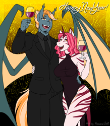 Size: 3400x3900 | Tagged: safe, artist:hasana-chan, imported from derpibooru, oc, oc only, oc:impala lily, oc:rocket burst, anthro, bat pony, hybrid, unguligrade anthro, unicorn, zony, alcohol, anthro oc, arm around back, bat pony oc, breasts, clothes, commission, couple, dress, fangs, female, fireworks, gift art, glass, happy new year, happy new year 2022, high res, holiday, horn, impacket, male, necktie, oc x oc, open mouth, racing stripes, shipping, side slit, slit pupils, smiling, straight, suit, total sideslit, unicorn oc, wine, wine glass, zony oc