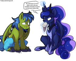 Size: 1280x1032 | Tagged: safe, artist:bluntwhiskey, edit, editor:enrique zx, imported from derpibooru, princess luna, oc, oc:rally flag, pegasus, pony, angry, annoyed, clothes, eye contact, food, frown, ice cream, jealous, looking at each other, looking at someone, magic, one-piece swimsuit, partial nudity, rallyluna, scar, shipping, simple background, sitting, spanish, spanish text, swimsuit, tanktop, telekinesis, topless, translation, translator:enrique zx, unshorn fetlocks, vulgar