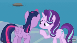 Size: 360x202 | Tagged: safe, edit, edited screencap, imported from derpibooru, screencap, starlight glimmer, twilight sparkle, alicorn, pony, unicorn, school daze, season 8, spoiler:s08, 2021 to 2022, animated, book, book abuse, female, gif, gifs.com, magic, mare, meme, open mouth, spread wings, telekinesis, twilight sparkle (alicorn), wings