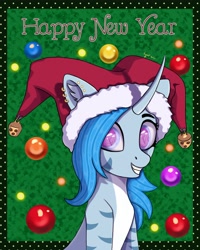 Size: 2700x3375 | Tagged: safe, artist:ingolf arts, imported from derpibooru, oc, oc only, oc:pearl wave, original species, pony, shark, shark pony, unicorn, bust, christmas, clothes, cute, female, fish tail, grin, hat, high res, holiday, horn, looking at you, mare, new year, ocbetes, santa hat, simple background, smiling, smiling at you, solo