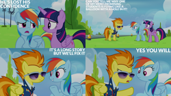 Size: 1280x720 | Tagged: safe, edit, edited screencap, editor:quoterific, imported from derpibooru, screencap, rainbow dash, spitfire, twilight sparkle, alicorn, pegasus, pony, season 6, top bolt, clothes, female, goggles, mare, open mouth, smiling, sunglasses, twilight sparkle (alicorn), uniform, wonderbolts uniform