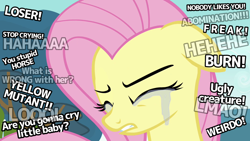 Size: 1280x720 | Tagged: safe, edit, edited screencap, imported from derpibooru, screencap, fluttershy, pegasus, pony, hurricane fluttershy, season 2, abuse, caption, crying, ears back, eyes closed, female, flutterbuse, gritted teeth, mare, op is a duck, pink mane, sad, solo, text