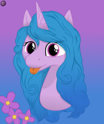 Size: 2512x3000 | Tagged: safe, artist:terminalhash, imported from derpibooru, izzy moonbow, pony, unicorn, bust, flower, g5, gradient background, high res, lilac (flower), mlem, my little pony: a new generation, portrait, silly, solo, tongue out, vector
