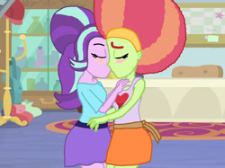 Size: 1084x810 | Tagged: safe, artist:ktd1993, imported from derpibooru, starlight glimmer, tree hugger, equestria girls, afro, blushing, female, kissing, lesbian, shipping, starhugger