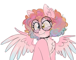 Size: 976x768 | Tagged: safe, artist:wimsiecal, imported from derpibooru, oc, oc only, oc:wimsie, hybrid, pegasus, chest fluff, female, glasses, heterochromia, simple background, solo, white background