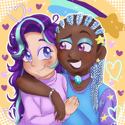 Size: 3500x3500 | Tagged: safe, artist:kattycaake, imported from derpibooru, starlight glimmer, trixie, human, alternate hairstyle, bedroom eyes, bracelet, choker, clothes, cornrows, dark skin, duo, ear piercing, earring, eyeshadow, female, grin, heart, high res, humanized, jewelry, lesbian, lesbian pride flag, makeup, nail polish, piercing, pride, pride flag, shipping, shirt, smiling, startrix, sweater, trans female, trans trixie, transgender, transgender pride flag