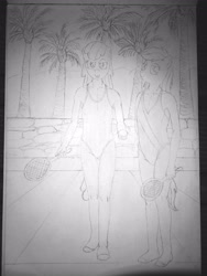 Size: 3072x4096 | Tagged: safe, artist:mildgyth, derpibooru exclusive, imported from derpibooru, apple bloom, scootaloo, anthro, plantigrade anthro, ball badminton, clothes, hoof feet, missing accessory, monochrome, one-piece swimsuit, palm tree, racquet, sketch, swimsuit, traditional art, tree