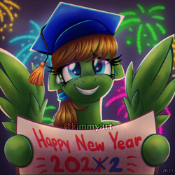 Size: 1000x1000 | Tagged: safe, artist:kimmyartmlp, imported from derpibooru, oc, oc only, oc:kimmy art, pegasus, pony, 2022, female, fireworks, graduation cap, happy new year, hat, holiday, pegasus oc, sign, smiling, solo, watermark