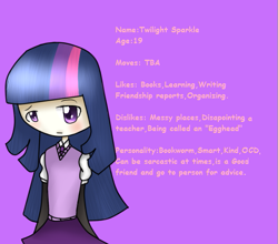 Size: 583x512 | Tagged: safe, artist:skullbow09, imported from derpibooru, twilight sparkle, human, female, humanized, purple background, reference sheet, simple background, solo