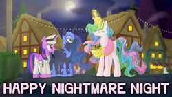 Size: 4408x2480 | Tagged: safe, artist:scifidino66, imported from derpibooru, nightmare moon, princess celestia, princess luna, twilight sparkle, alicorn, pony, candy, clothes, costume, donut, eyes closed, female, food, glowing, glowing horn, horn, nightmare night, royal sisters, siblings, sisters, twilight sparkle (alicorn), unamused