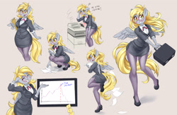 Size: 3691x2400 | Tagged: safe, artist:dstears, imported from derpibooru, derpy hooves, anthro, pegasus, plantigrade anthro, adorasexy, arm behind head, ass, big breasts, blonde, blouse, blushing, breasts, bubble butt, businessmare, busty derpy hooves, butt, chart, clothes, curvy, cute, derp, derpabetes, embarrassed, eyelashes, eyes closed, female, floppy ears, glasses, grin, heel pop, high heels, high res, kneeling, legs, looking at you, meganekko, miniskirt, nervous, nervous grin, office, office lady, open mouth, pantyhose, paper, pencil skirt, photocopier, question mark, round glasses, secretary, sexy, shoes, side slit, skirt, skirt suit, smiling, smiling at you, spread wings, stockings, stupid sexy derpy, suit, sweat, sweatdrop, thigh highs, thighs, underp, wall of tags, wide hips, wings, yellow eyes