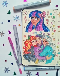 Size: 1788x2236 | Tagged: safe, artist:valeriamagicart, imported from derpibooru, starlight glimmer, sunset shimmer, trixie, twilight sparkle, human, christmas, dark skin, female, holiday, humanized, traditional art